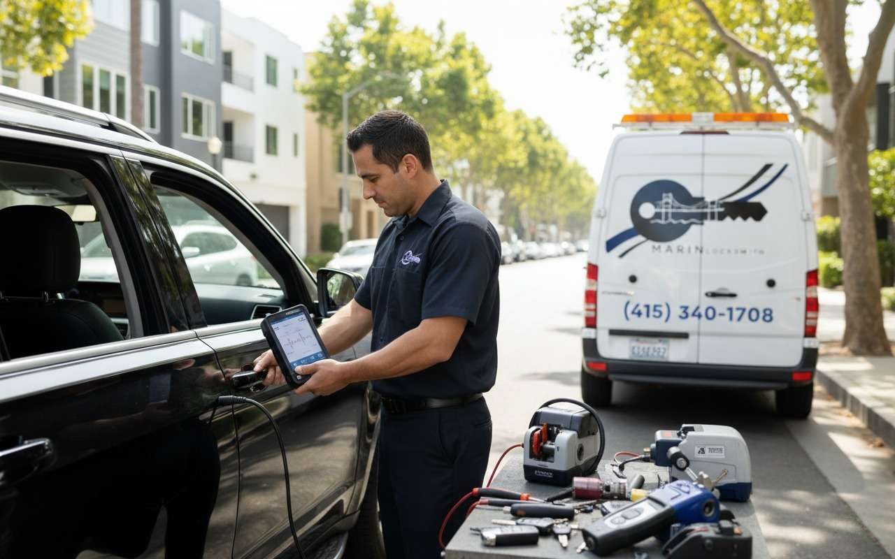 Marin Locksmith tech programming a car key on site